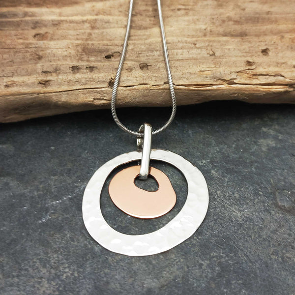 Handmade unusual oval sterling silver copper necklace