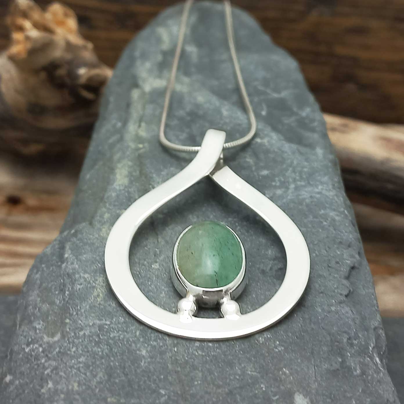 Green Aventurine stone with silver teardrop necklace