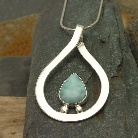 Unusual silver teardrop pendant with turquoise Larimar