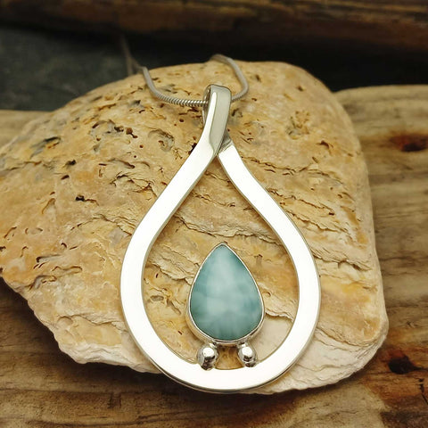 Handmade unusual silver pendant with Larimar stone