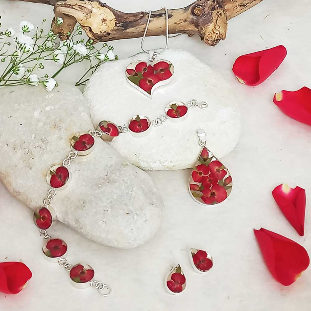 Collection of real pressed poppy silver jewellery