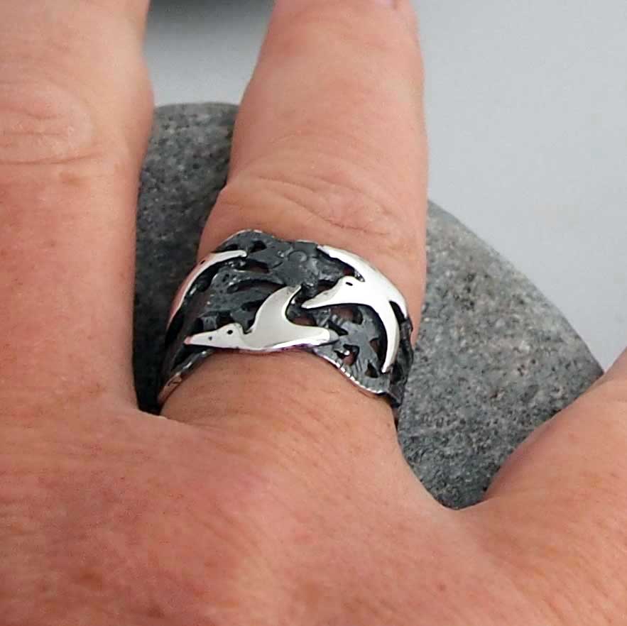 Hummingbird Oxidised Silver Ring Main image