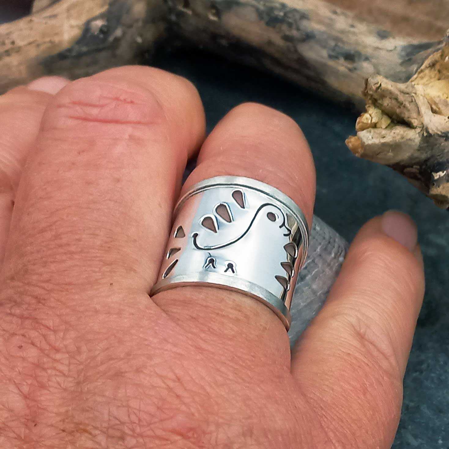 chunky silver ring with bird