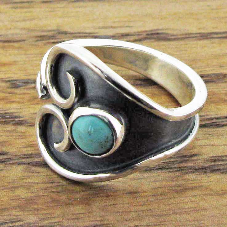Oxidised Unusual silver ring with turquoise