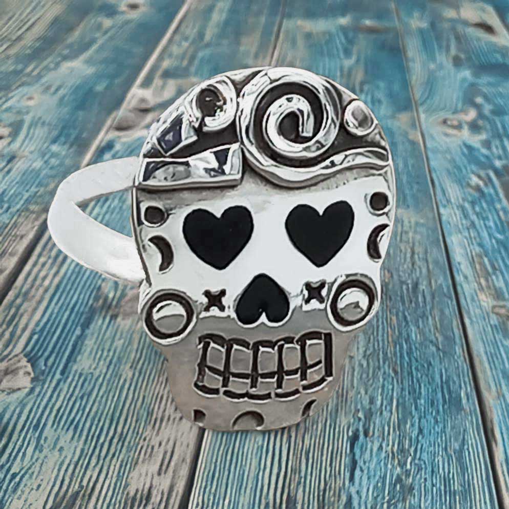 Day of the Dead Candy Skull with Hearts Silver Ring