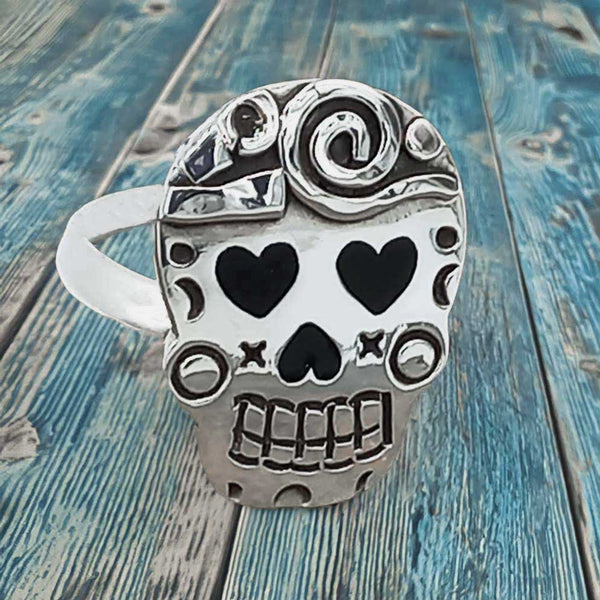 Day of the Dead Candy Skull with Hearts Silver Ring