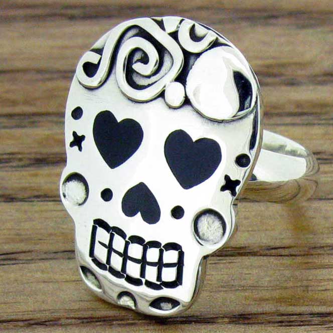 Silver day of the dead handmade ring