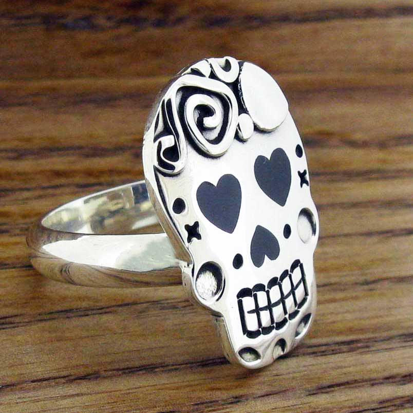 Day of the Dead Candy Skull with Hearts Silver Ring