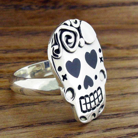 Day of the Dead Candy Skull with Hearts Silver Ring