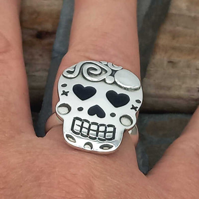 Day of the Dead Candy Skull with Hearts Silver Ring (Large) (249)