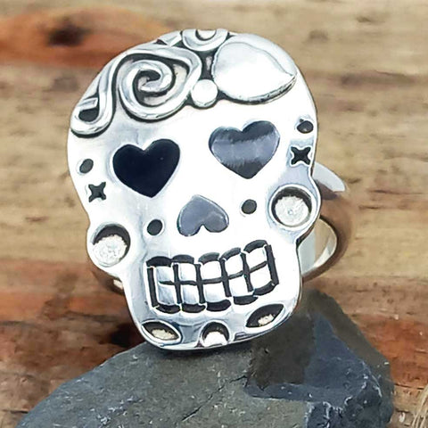 Unusual day of the dead silver chunky ring