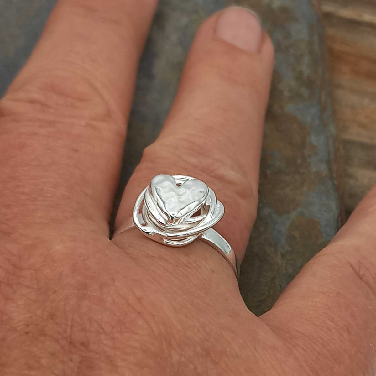 Hammered Heart sterling silver ring