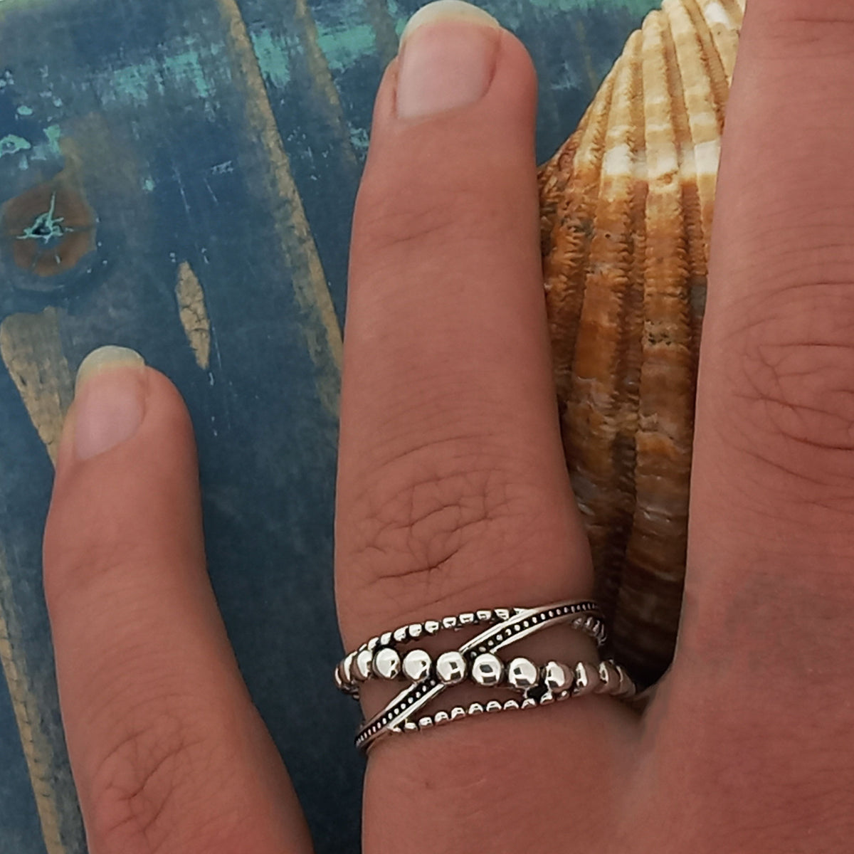 Handmade silver beaded ring