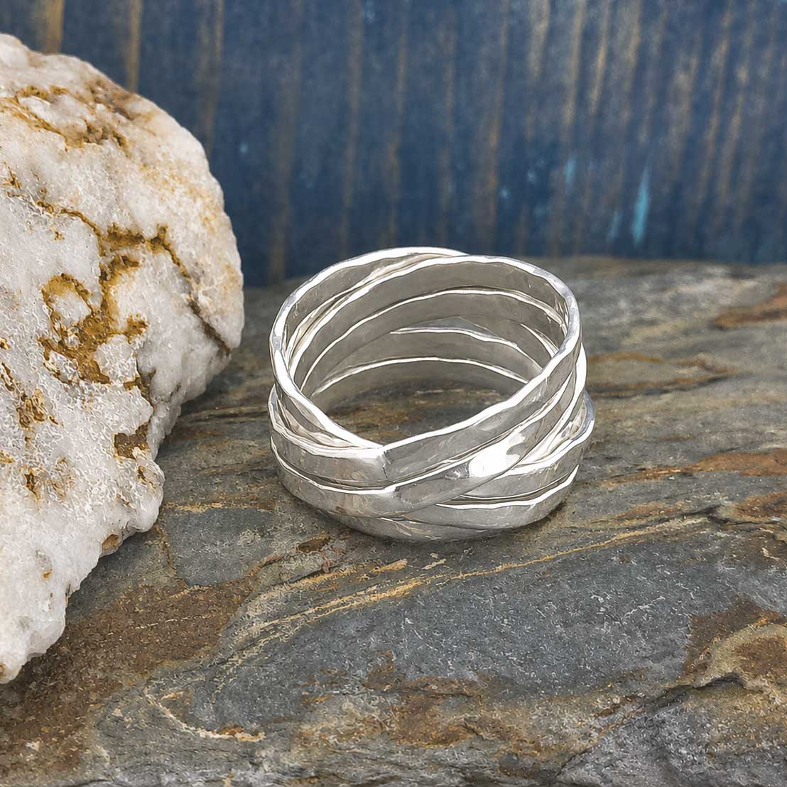 Unusual silver hammered Hebra ring