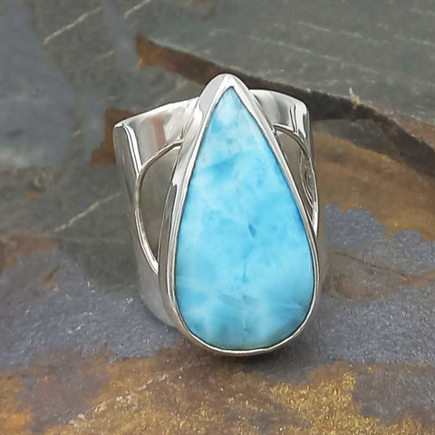 Teardrop Larimar Chunky Silver Ring