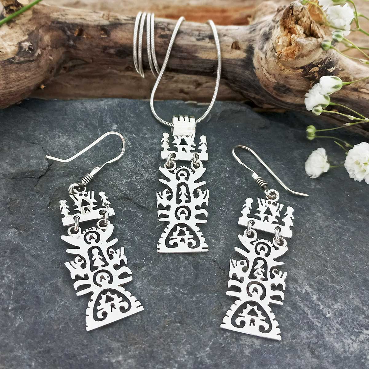 Mini silver tree of life rectangular earring pendant set