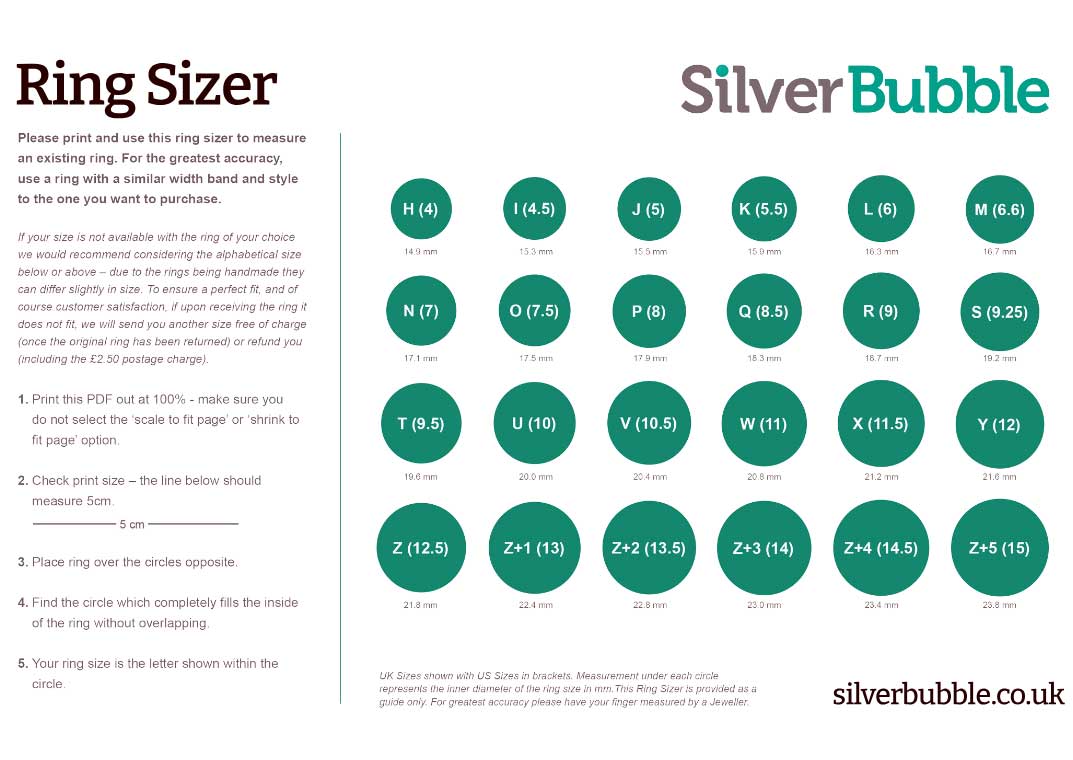 Ring sizer chart for Silver Bubble Jewellery