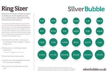 Ring sizer chart for Silver Bubble Jewellery