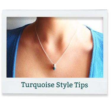 Necklace with a turquoise pendant worn by a person in a blue top, with 'Turquoise Style Tips' text.
