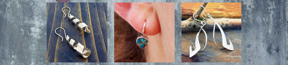 Three panels show different views of a pair of dangling, drop earrings: two close-up product shots and one Turquoise with bronze drop earring worn on a person's ear.