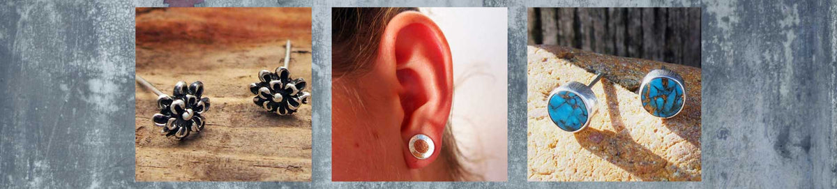 Three-panel product display showing a handmade sterling silver stud earrings. Flower stud, a copper silver sunset designed stud and turquoise studs.