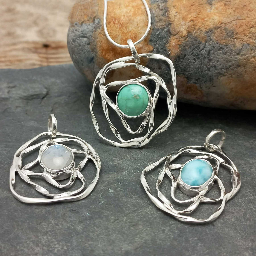 Sterling silver handmade quiggle pendant collection, turquoise, moonstone, larimar