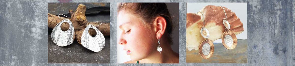 Three-panel collage showing a pair of dangling, statement earrings. The left panel shows the hammered circle earrings  against driftwood; the centre panel shows a woman wearing a single earring with Chalcedony; the right panel shows large copper and silver earrings close-up against a shell and water background.