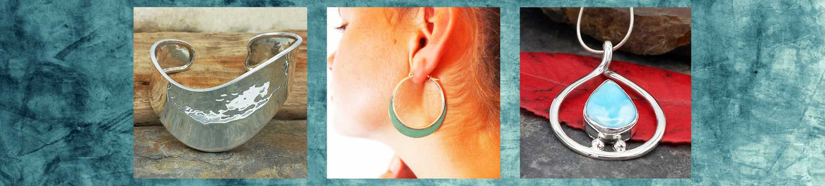 A three-panel collage showcasing handmade silver jewellery: a hammered silver cuff bracelet, a silver hoop earring worn on an ear, and a silver teardrop pendant with a light blue Larimar stone, set against a textured teal background.