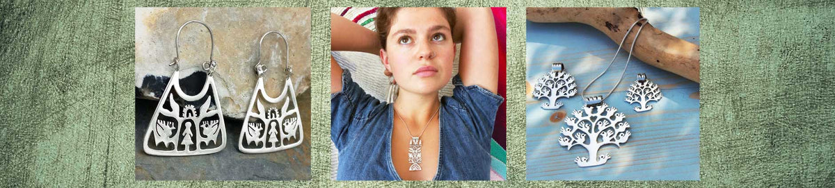 Three-panel collage showing sterling silver tree of life jewellery: large triangular dangle earrings, a woman wearing a necklace, and tree-of-life pendants necklace on a blue background.