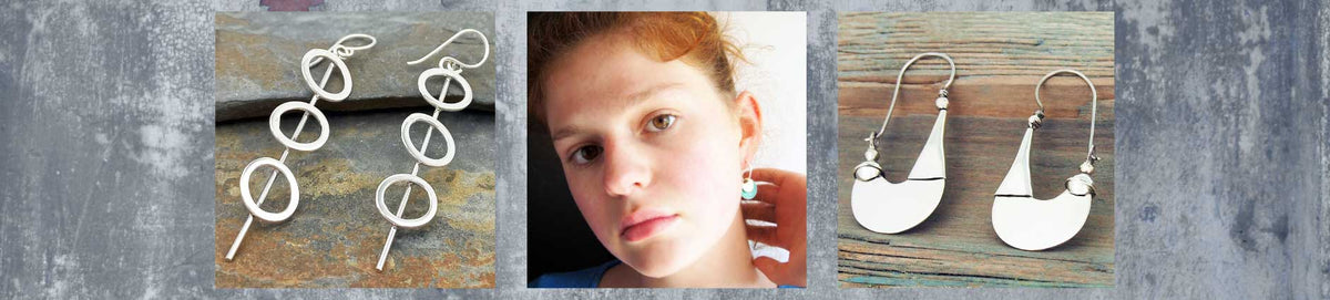 Three views of handmade unusual silver earrings: a close-up of the circular stacked earring design, a model wearing one earring, and a pair of silver crescent-shaped dangle earrings on a rustic wood background.