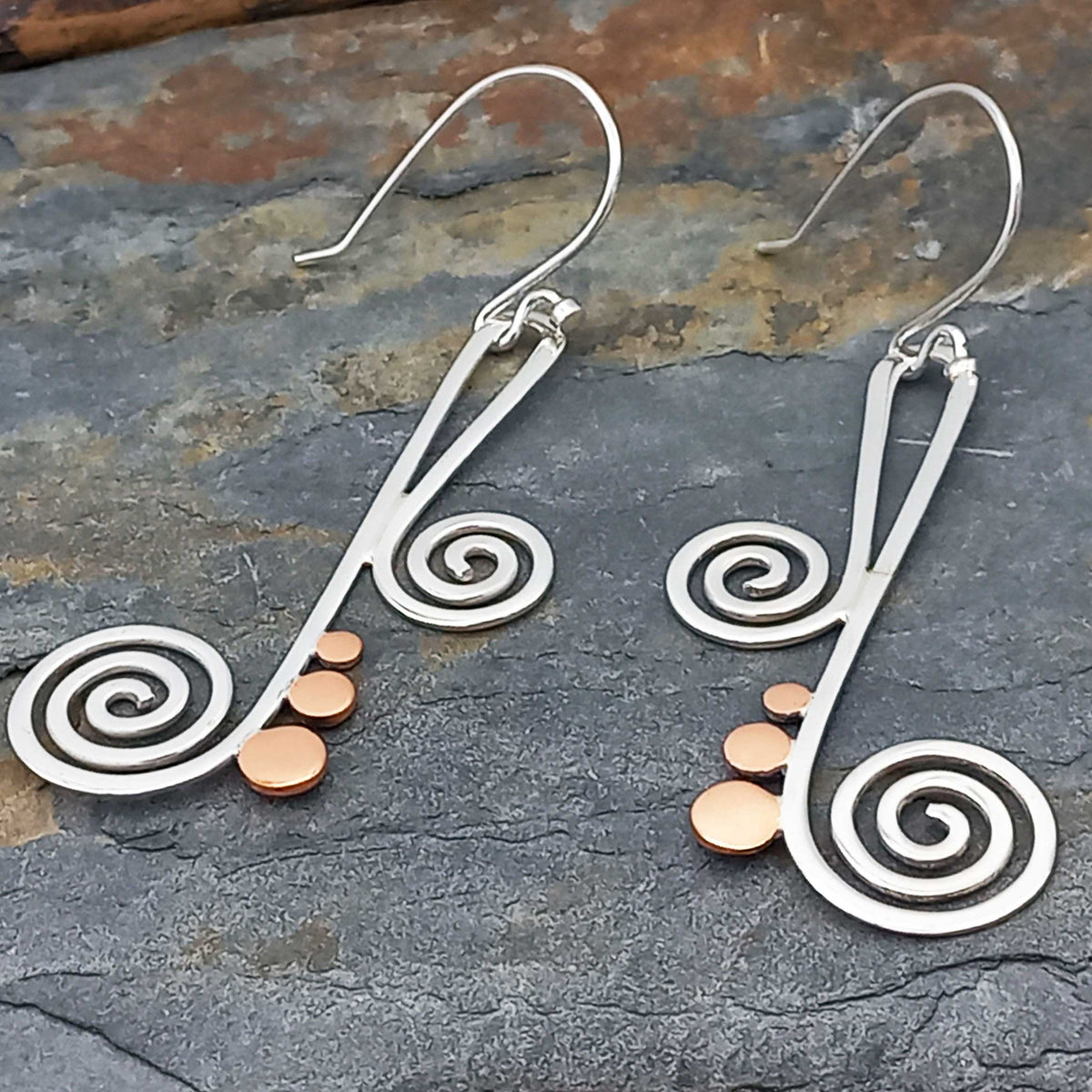 Copper and Silver Earrings with Spiral Music Note