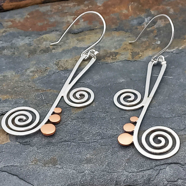 Copper and Silver Earrings with Spiral Music Note