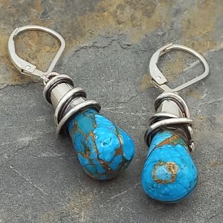 Turquoise with Bronze Alambres Silver Earrings