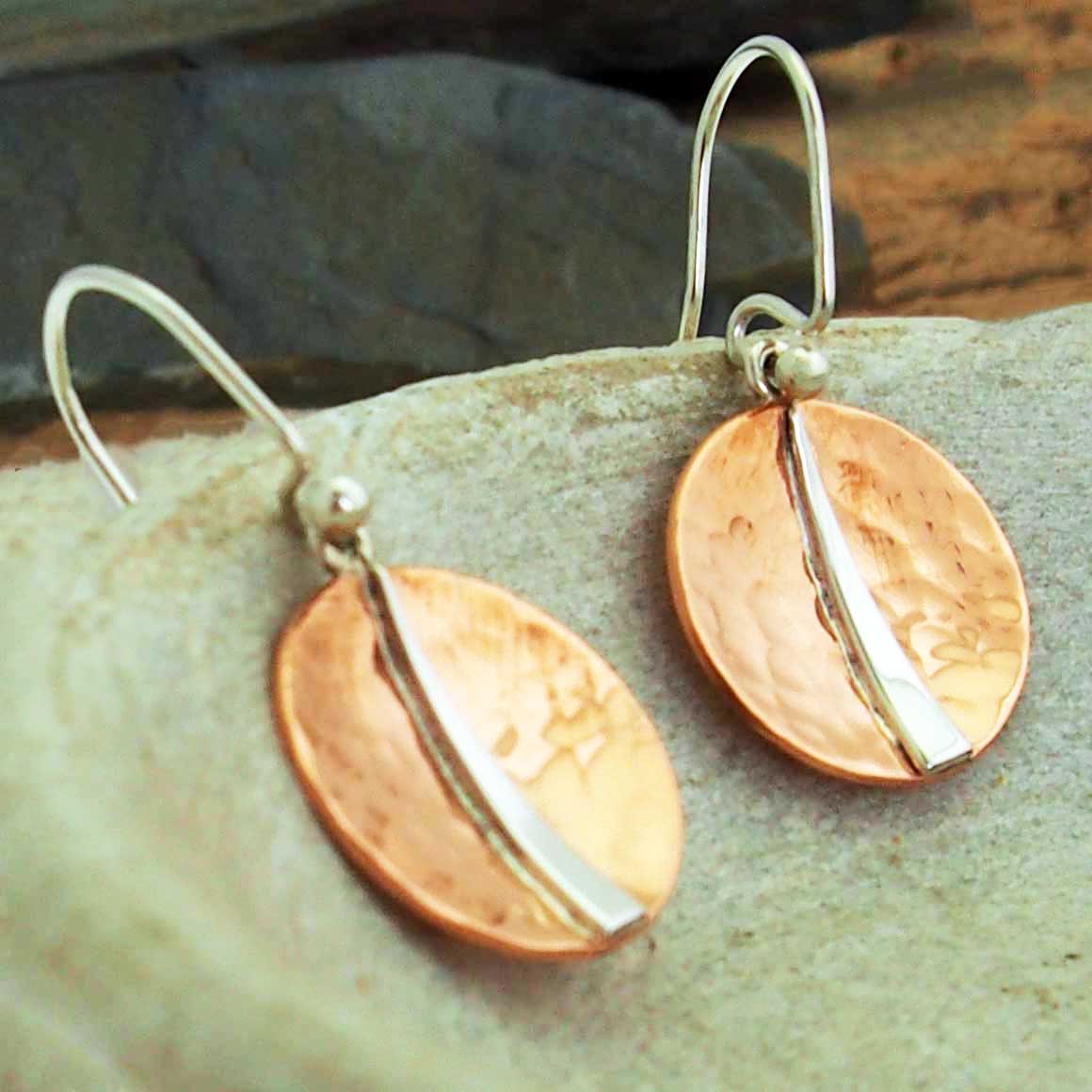 Handmade copper sterling silver hook earrings