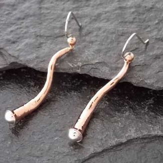 Unusual copper silver long drop earrings