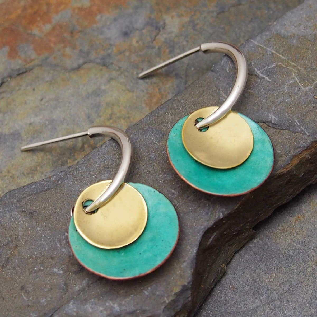 Patina & Copper Disc Silver Earrings 