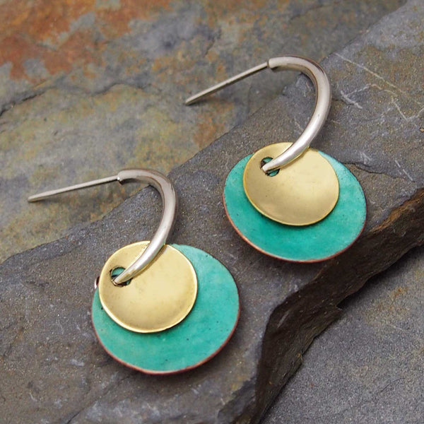 Patina & Copper Disc Silver Earrings 