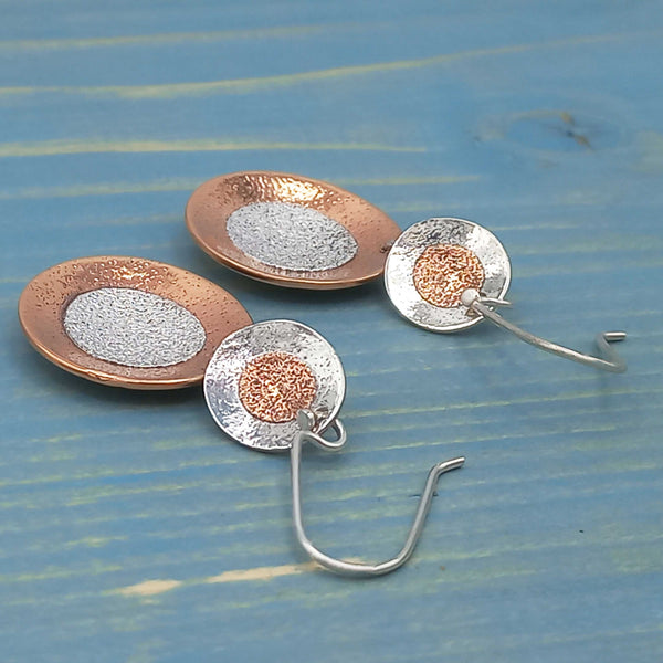 Copper silver brushed textured earrings