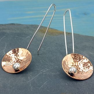 Long Copper Disc Silver Earrings
