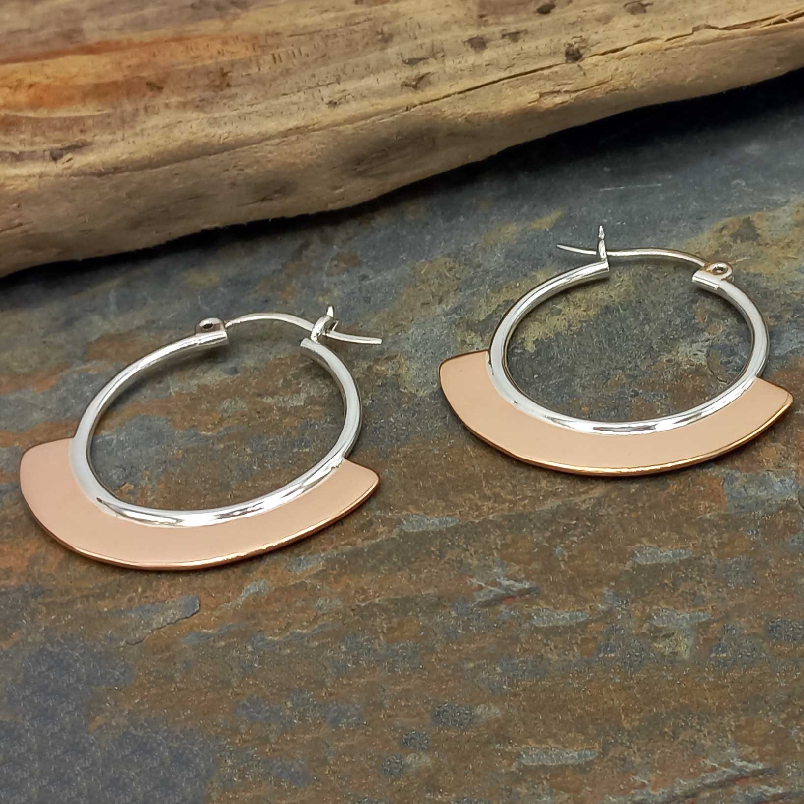 Silver with Copper Crescent Hoop Earrings (790) Secondary image