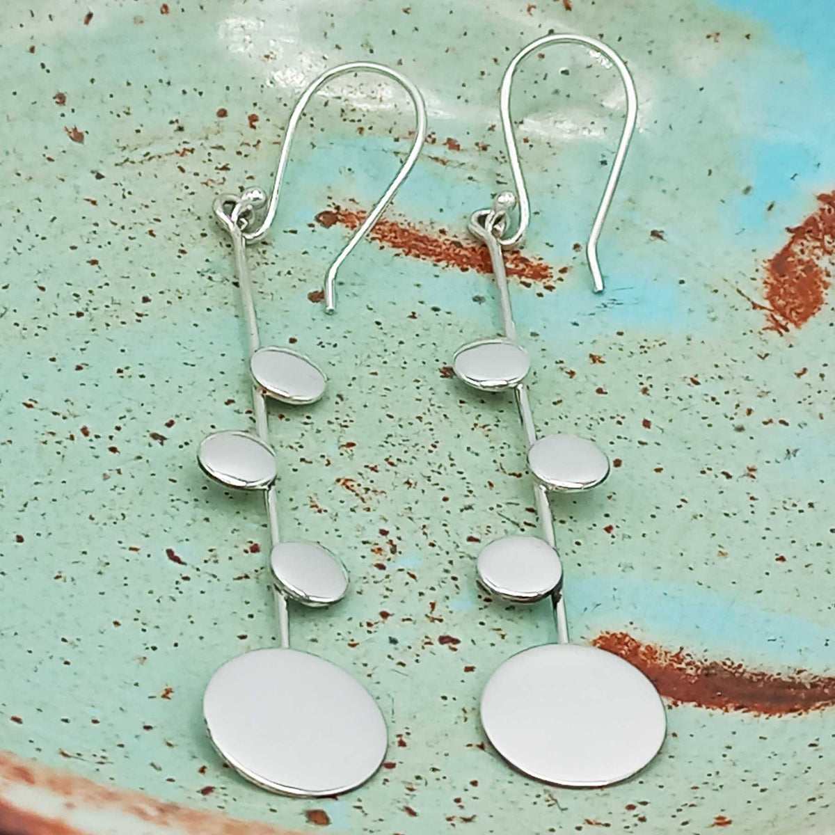 Long dangly sterling silver disc earrings
