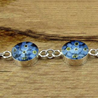 Sterling silver link bracelet with real Forget-me-not Flowers