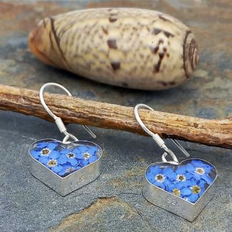 Sterling silver heart handmade earrings with Forget-me-not flowers