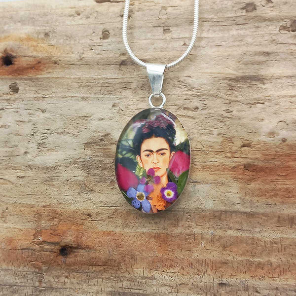 Sterling silver pendant with Frida Kahlo real pressed flowers