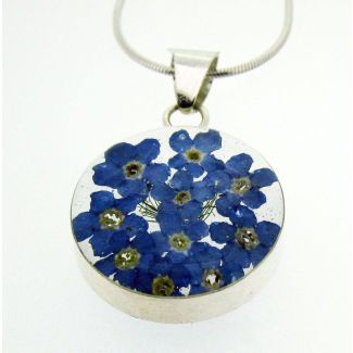 Circle silver pendant with Forget-me-not flowers