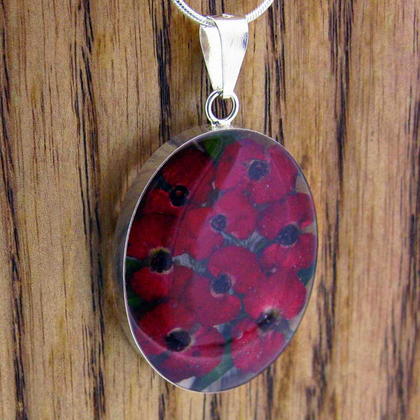 Oval Poppy Silver Flower Pendant 