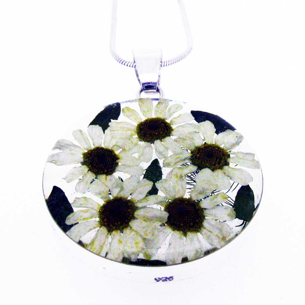 Real daisies handmade silver large pendant