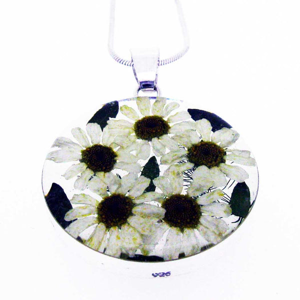 Real daisies handmade silver large pendant