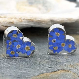 Sterling silver heart shaped forget-me-not studs