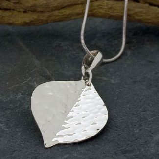 Large Hammered Leaf Silver Pendant 